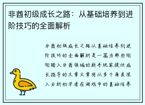 非酋初级成长之路：从基础培养到进阶技巧的全面解析