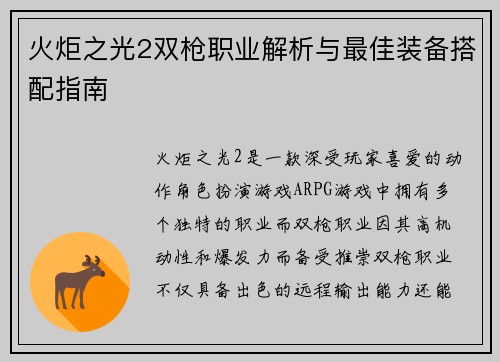 火炬之光2双枪职业解析与最佳装备搭配指南